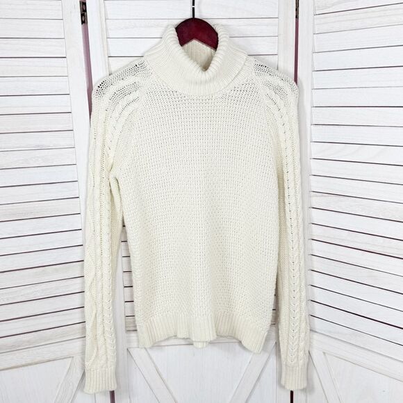 Lauren Ralph Lauren Waffle Cable Knit Turtleneck Sweater Cream Large Fisherman - Picture 7 of 11